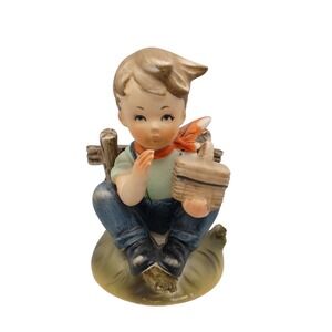 Erich Stauffer Boy with Picnic Basket Fence Ceramic Figurine Vintage